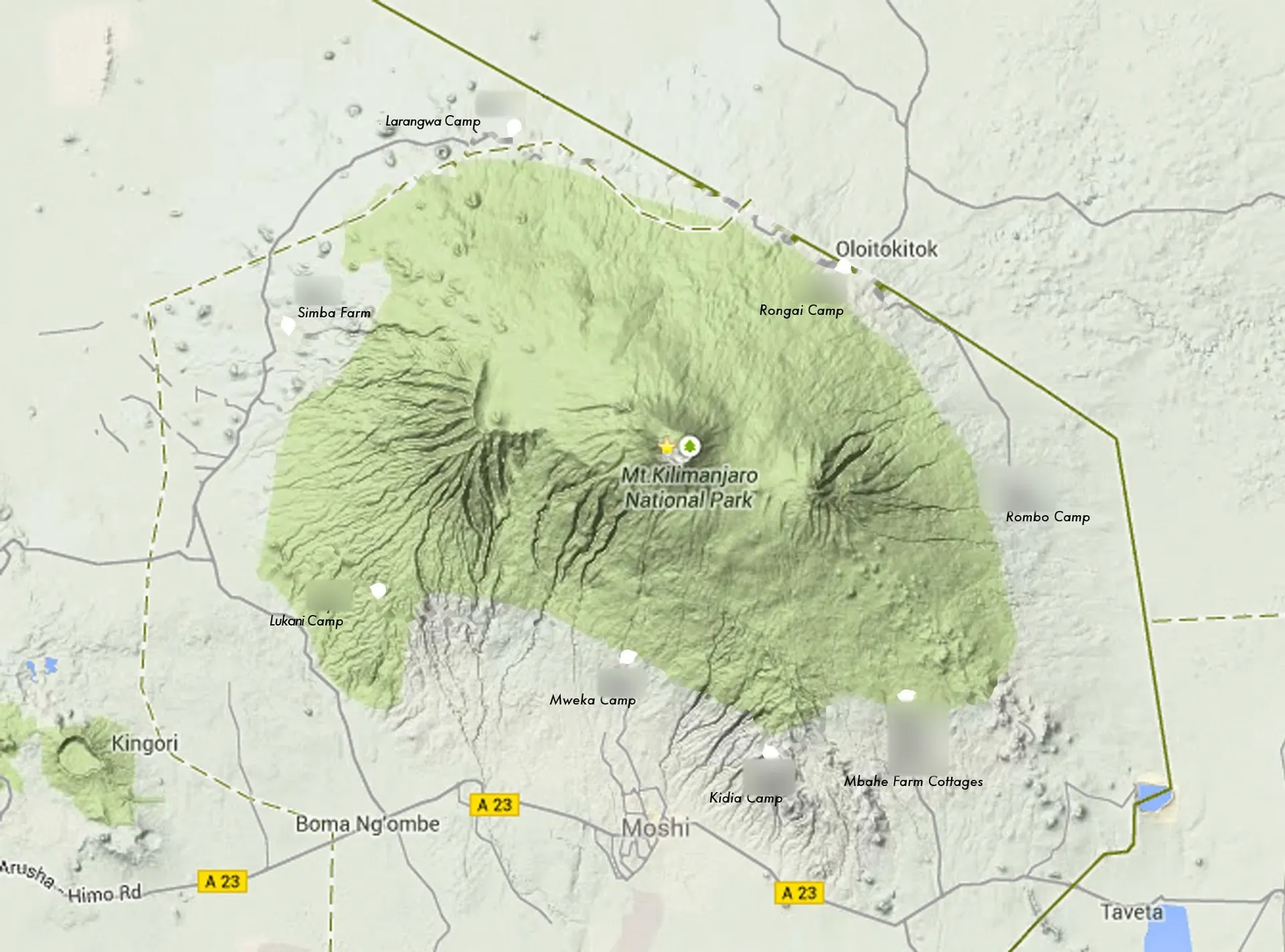Clean Kilimanjaro topographic route map without day labels